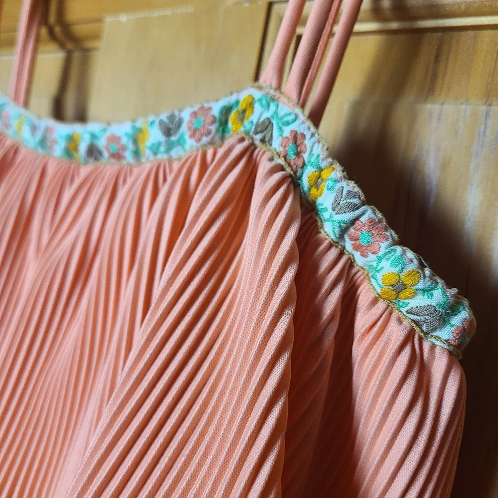 Vintage 70s Peach Pleated Midi Dress Floral Embroidered Trim Boho Prairie - Picture 3 of 16